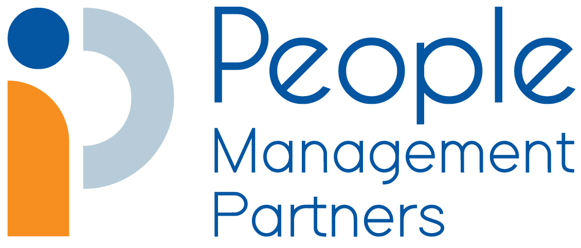 People Management Partners logo with abstract blue, orange, and grey icon on white background.