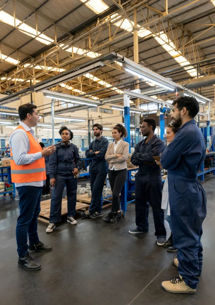 A People Management Partners team conducts a briefing with factory workers inside an industrial warehouse.