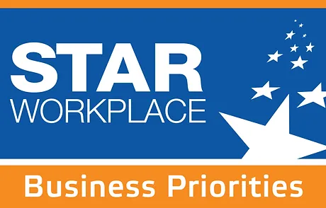STAR Workplace logo highlighting business priorities with white stars on a blue and orange background.